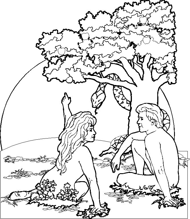 Le serpent (Satan) tempta Eve à manger de l'arbre défendu. Eve convainquit Adam de manger le fruit. Adam et Eve désobéirent tous les deux et ignorèrent l'avertissement de Dieu.