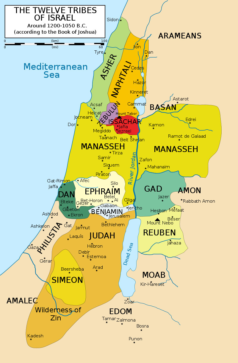 Map of the ancient Israelite tribal territories in the Promised Land. / License: CC BY-SA 3.0. File ID: 12 tribus de Israel.svg / 12 Tribes of Israel Map.svg