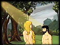 Adão e Eva no Jardim do Éden, da Genesis Solution. Copyright, Films for Christ.