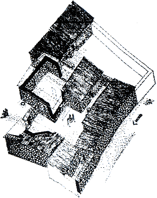 Isométrica de reconstrução da casa de Pedro (Nível 1, BD primeiro século a século IV dC), protegido por direitos autorais Foto BiblePlaces.