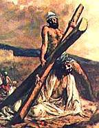 Impression d'artiste - Jésus tombe avec la croix en route pour Golgotha.