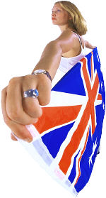 British woman holding flag.