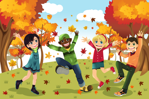 Kids and autumn leaves falling. © Artisticco LLC