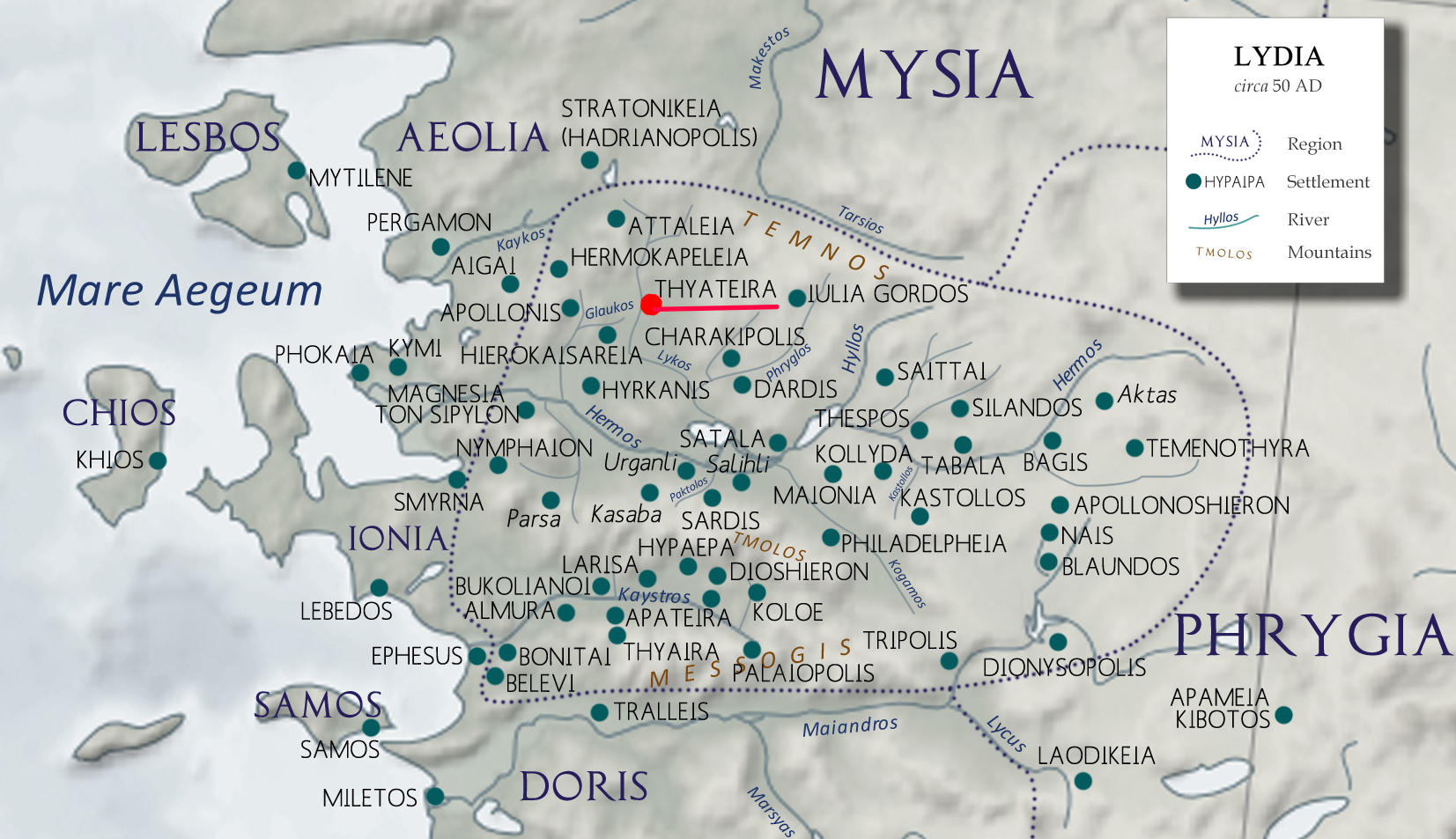 Location of Smyrna on 50 AD map