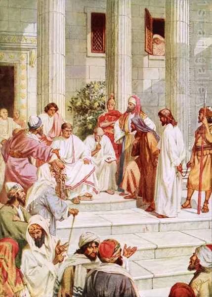 Pilate and Christ at the praetorium in a painting by artist William Brassey Hole. Photo copyrighted. Public Domain.