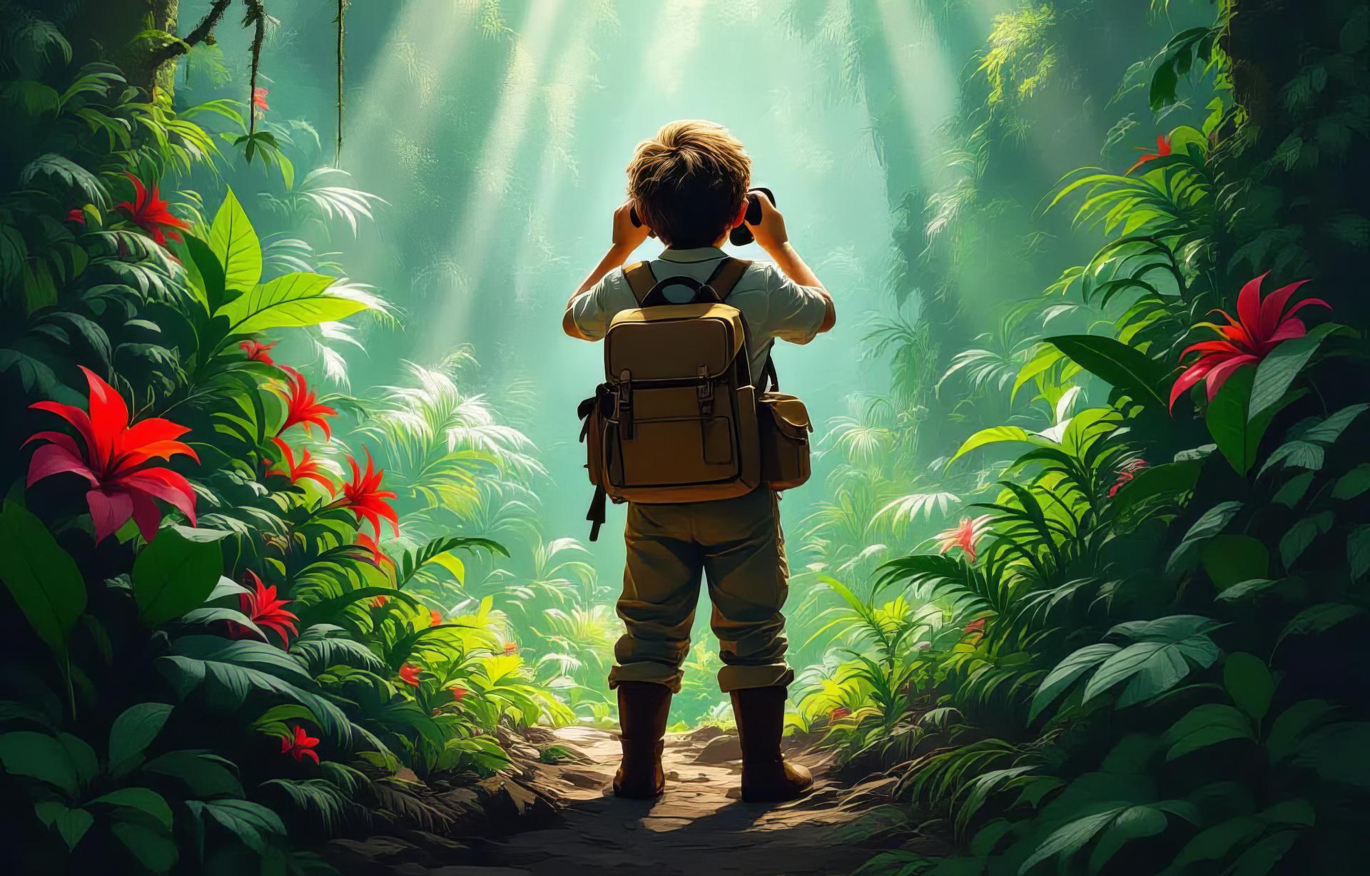 young explorer in rainforest