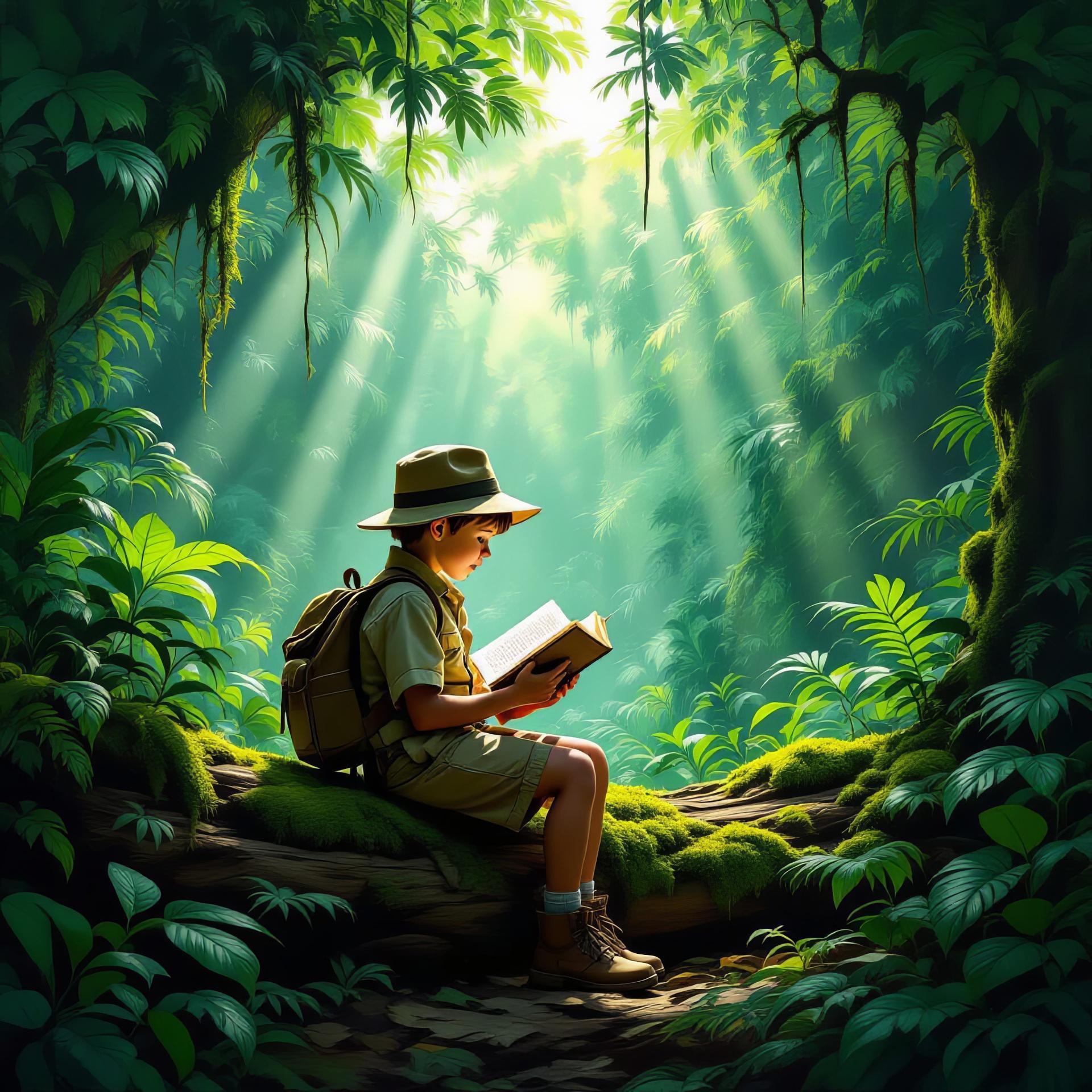 Young Explorer reading his Bible in the rainforest