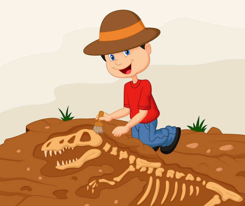 Boy with buried dinosaur fossil skeleton. Graphic © copyrighted.