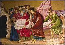 Jézust a sírba teszik keresztre feszítése után. (Mozaik)
