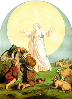 Angel bringing message to shepherds.
